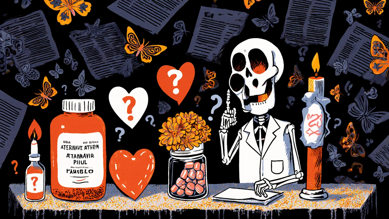 An altar with HIV medications and a heart wrapped in flowers, representing choices for better sexual health.