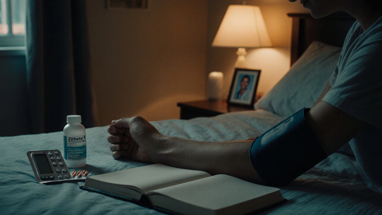 Bedroom scene of a patient logging blood pressure while tapering Zebeta and starting metoprolol.