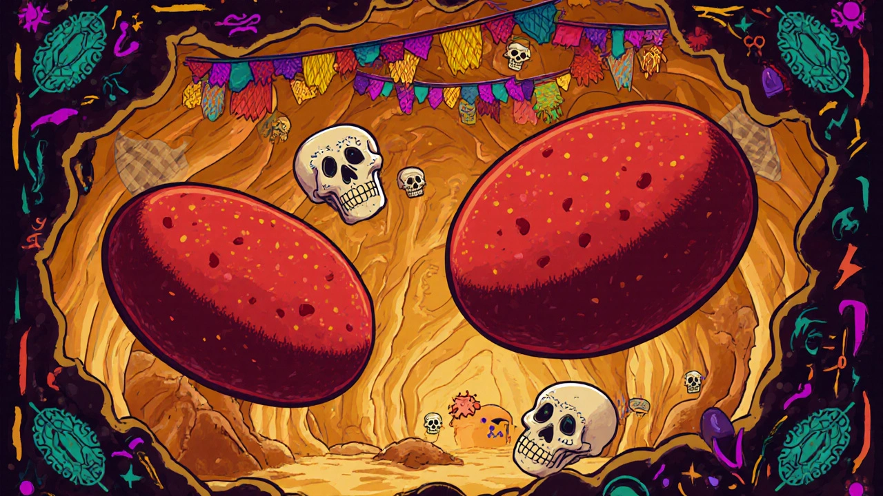 Bone marrow scene showing giant red blood cells and hypersegmented neutrophils amidst colorful skull motifs.
