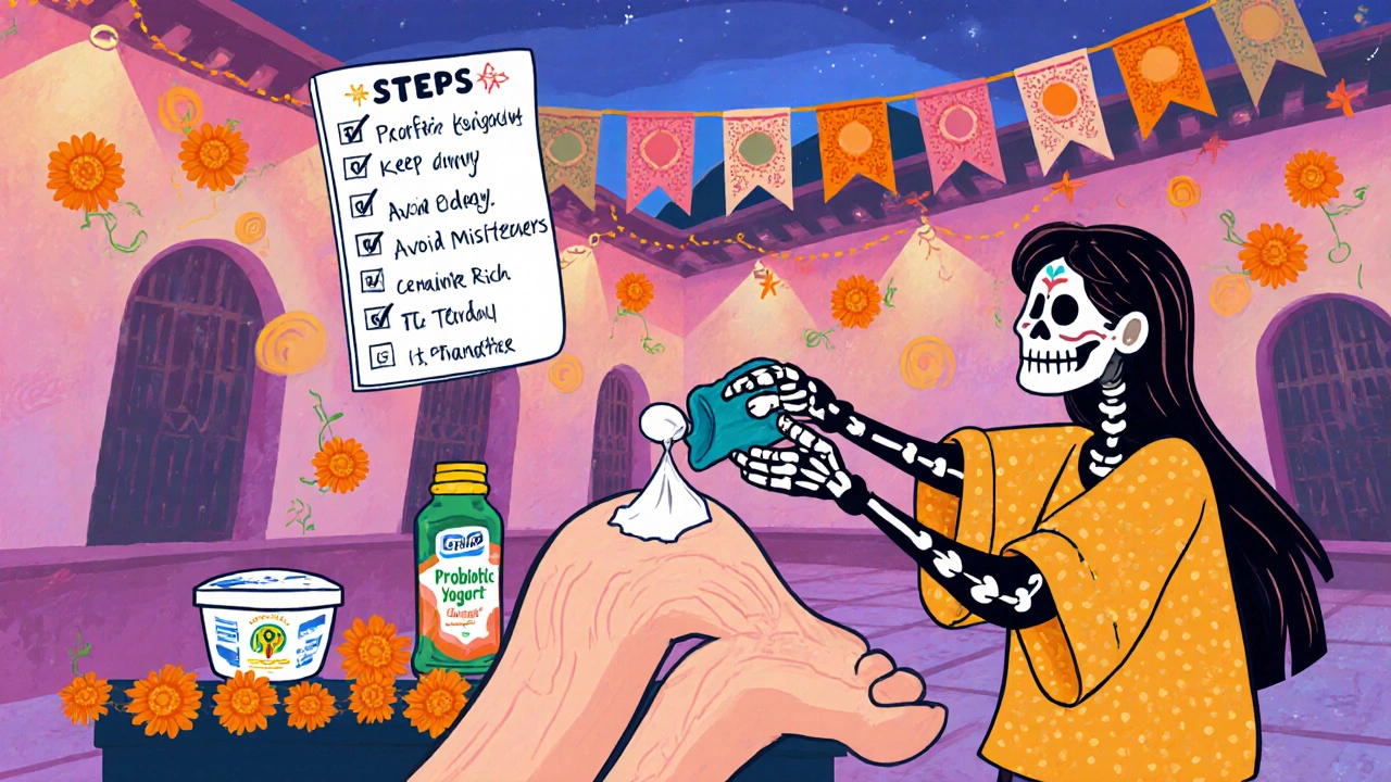 Cartoon person applying antifungal, powder, and probiotic aided by calavera helpers and checklist.