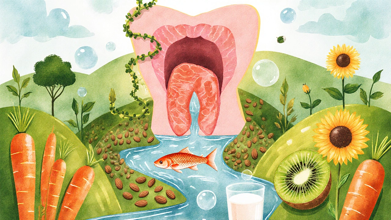Colorful illustration of nutrient foods forming a garden for the throat.