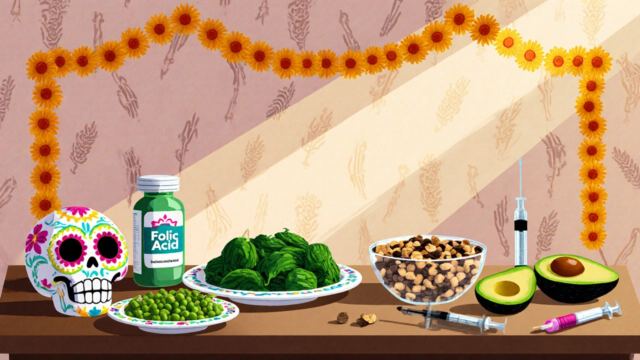 Colorful table of folate-rich foods and supplements with Day of the Dead decorations.
