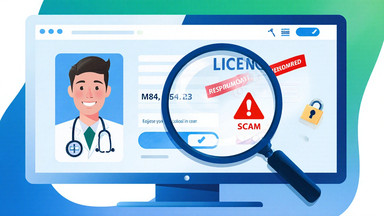 Computer screen showing a pharmacy website with license badge, magnifying glass, and scam warning icons.