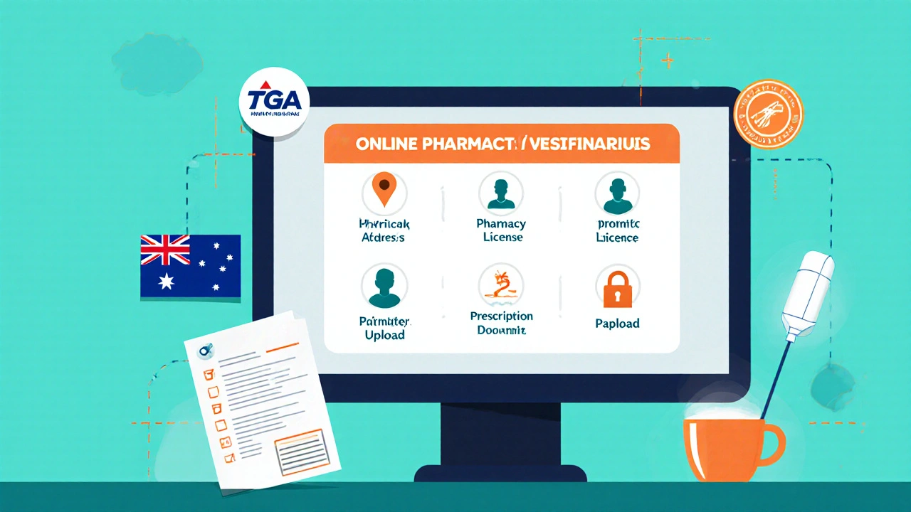 Computer screen showing an online pharmacy verification checklist with icons.