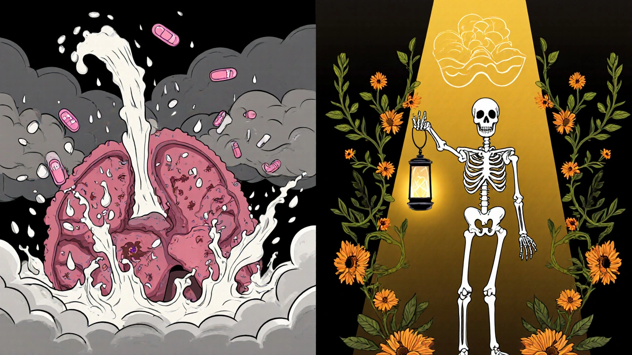 Contrasting pituitary glands: chaotic vs. serene, with cabergoline as a glowing skeletal figure restoring balance in Mexican folk art style.