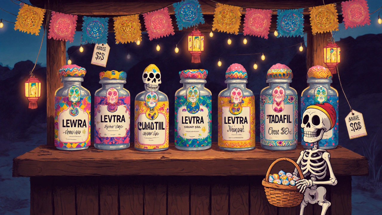 Day of the Dead market stall with pill bottles, price tags, and a skeleton shopper comparing medications.