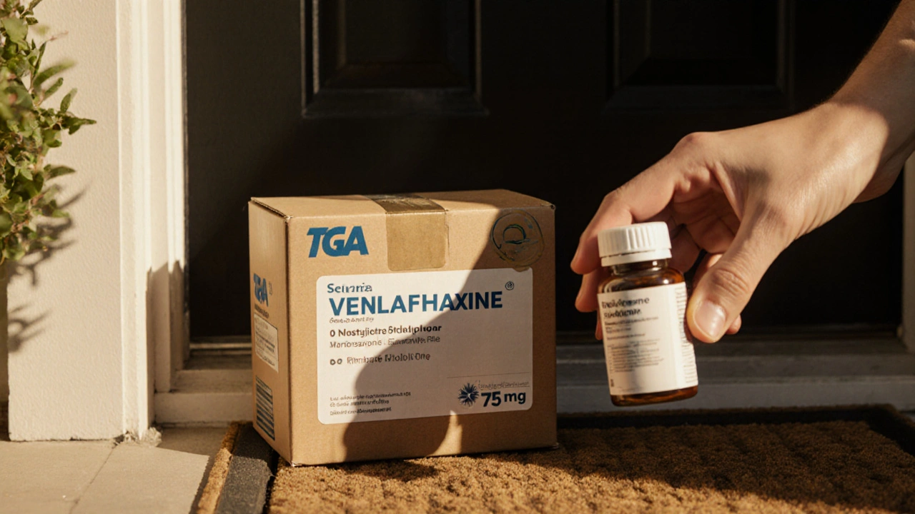 Delivered box with TGA‑sealed generic venlafaxine bottle at a doorstep.