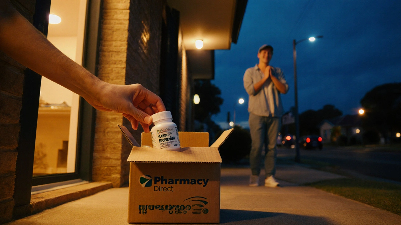 Delivery box on a doorstep opened to reveal a bottle of generic ibuprofen.