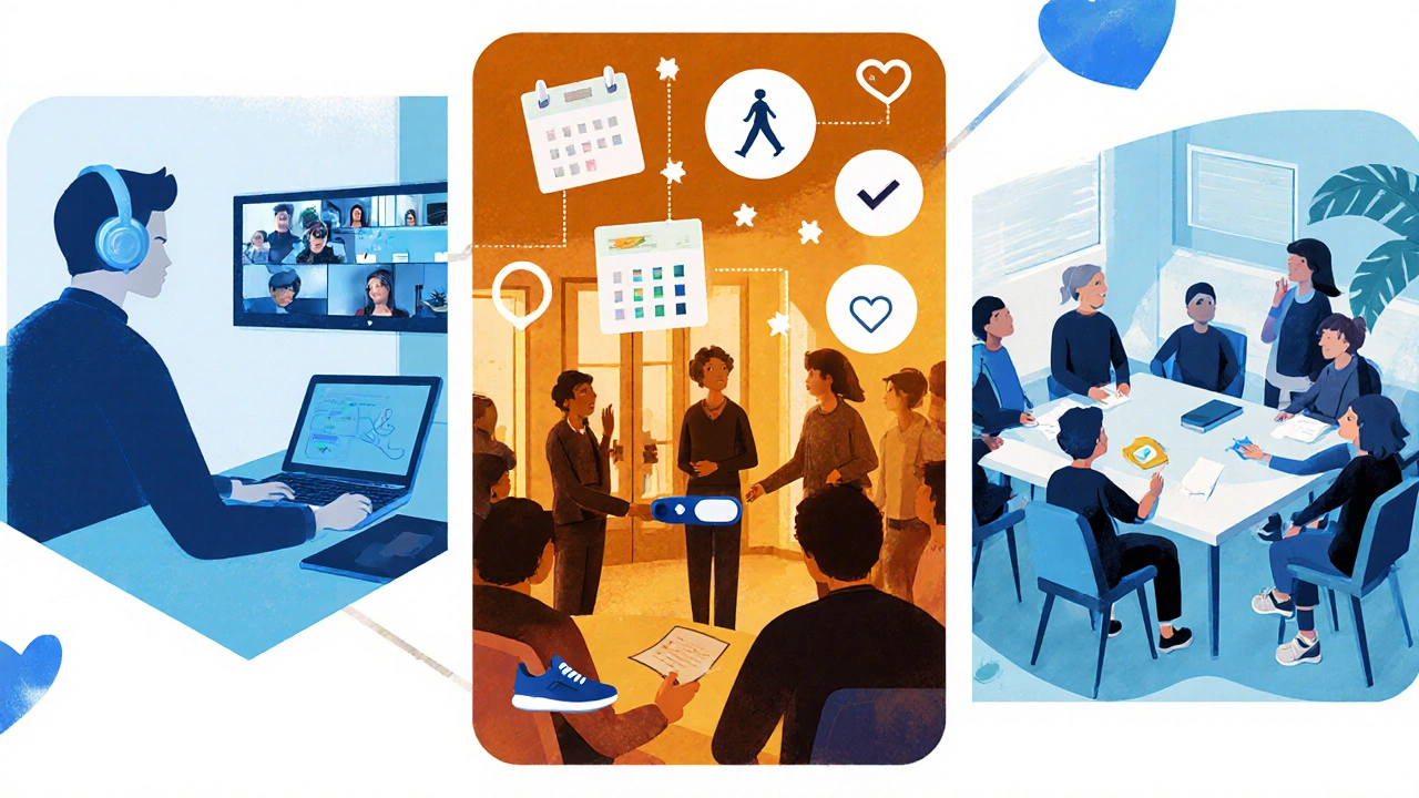 Digital collage showing in‑person, online, and hybrid diabetes support group formats.