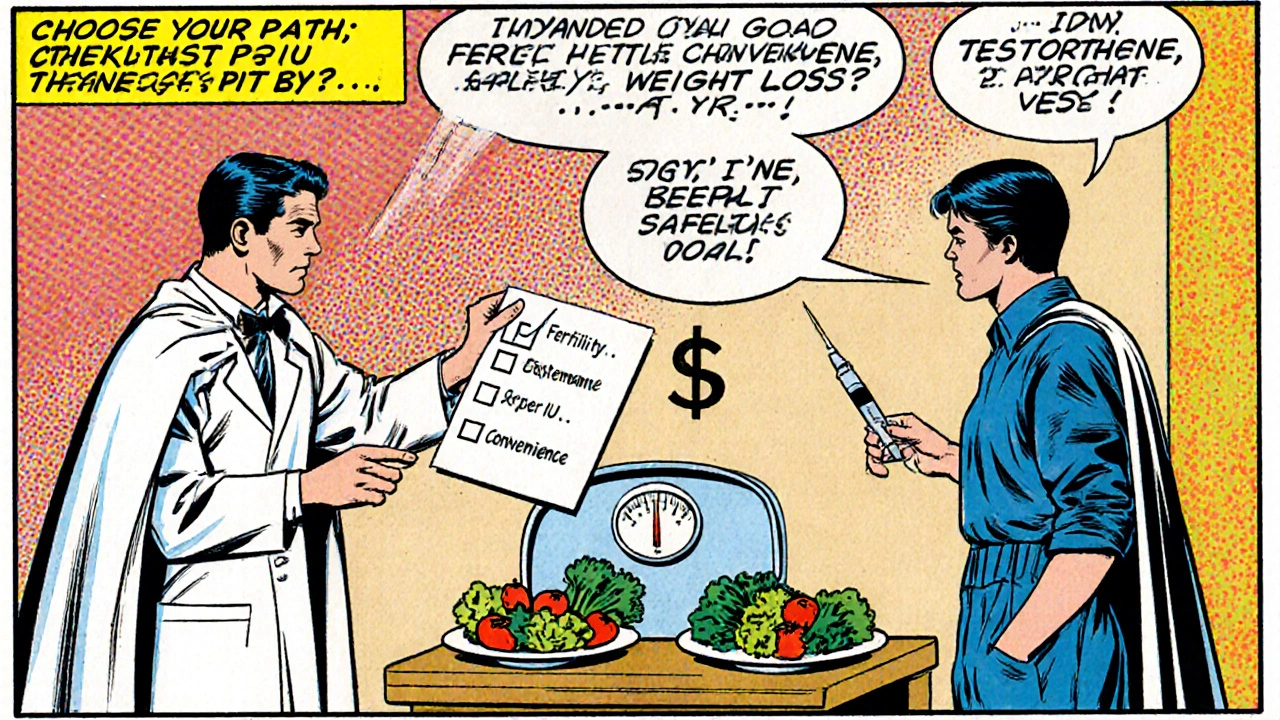 Doctor gives a patient a checklist of criteria beside icons for goals, cost, convenience, and safety.