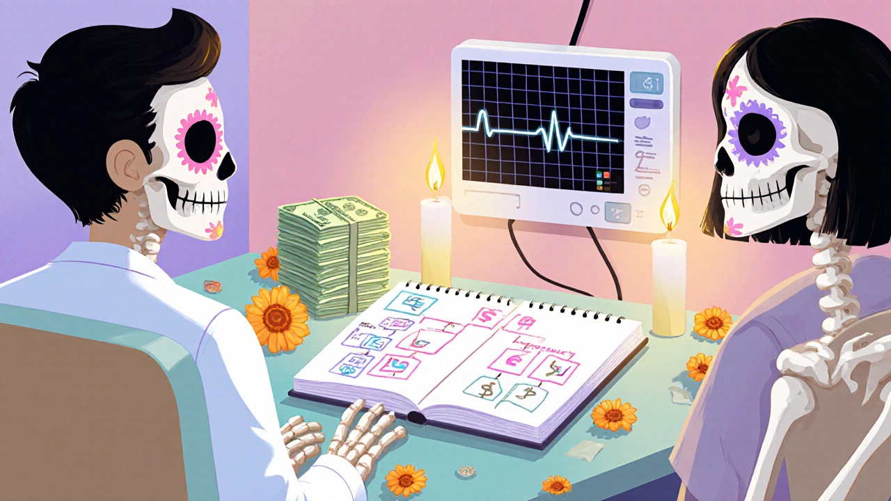 Doctor skeleton consulting a patient skeleton, surrounded by a decision tree, money, and ECG monitor.