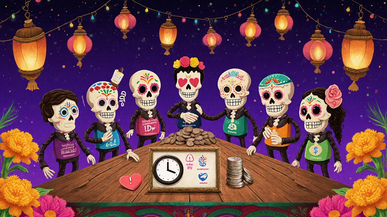 Eight sugar‑skull characters representing PE treatments gathered around a table with icons for speed, side effects, and cost.
