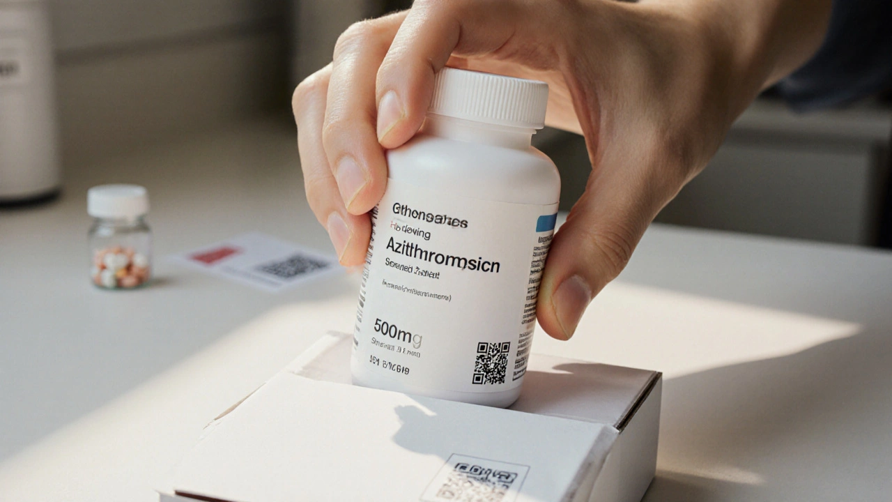 Hand opening a box revealing a labeled azithromycin bottle for inspection.