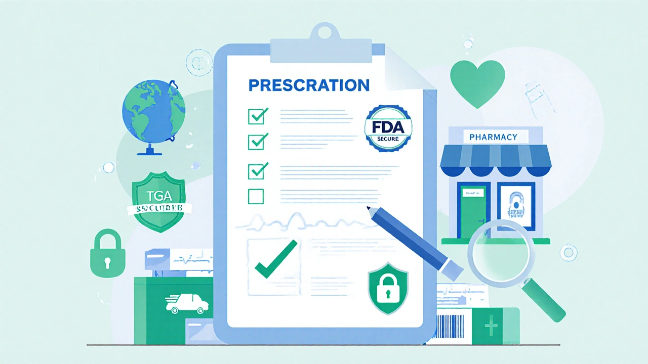Illustrated checklist showing prescription, accreditation badges, and secure payment.
