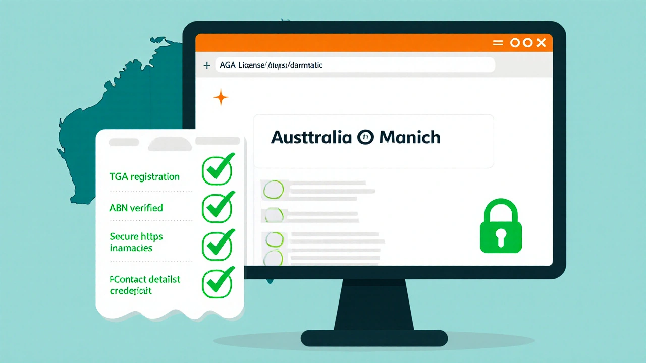 Illustrated website footer showing TGA licence, ABN, and padlock with a checklist.