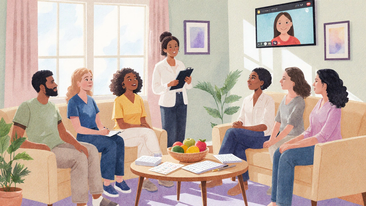 Illustration of diverse diabetes support group with facilitator and virtual participant.