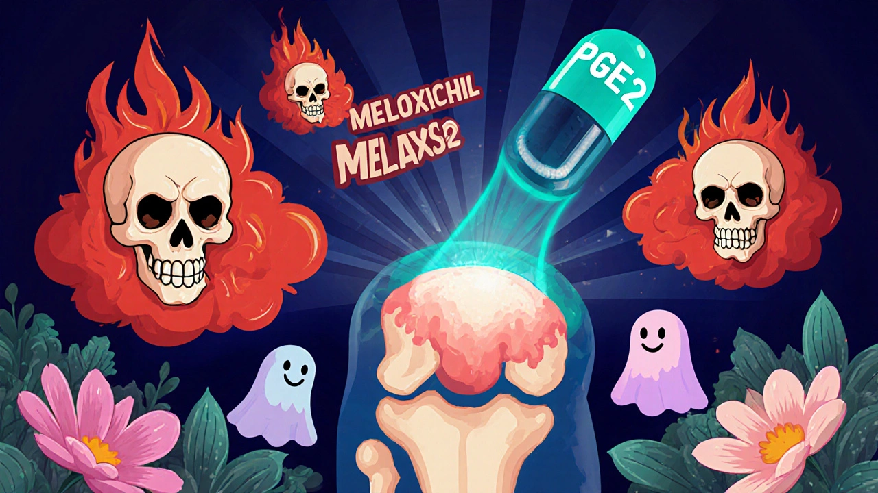 Inflamed knee joint with fire‑skull clouds dissolving as a turquoise meloxicam skull‑pill eases pain.