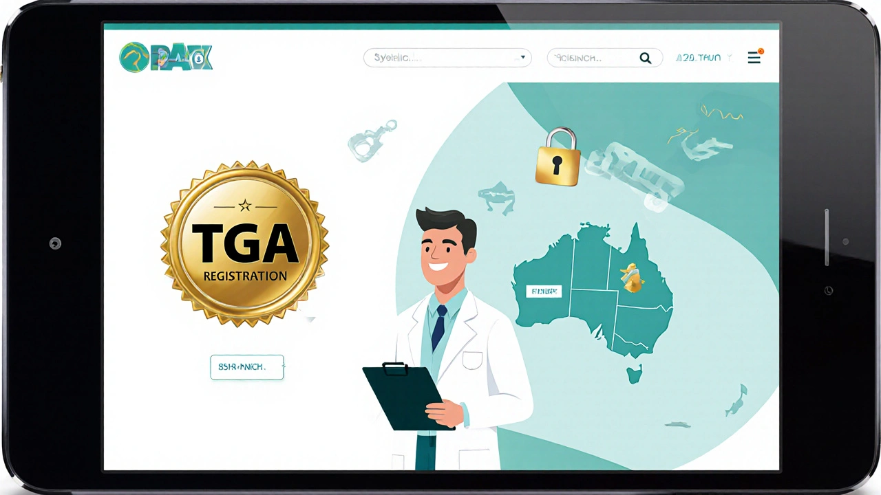 Online pharmacy page with TGA badge and pharmacist illustration.