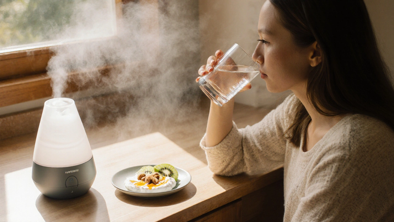 Person drinking water with a plate of throat‑friendly foods beside a humidifier.