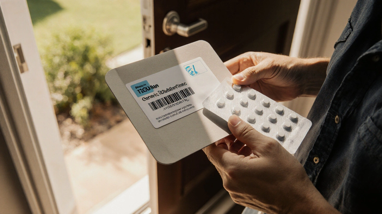 Person receiving a sealed medication package and inspecting generic Wellbutrin tablets.