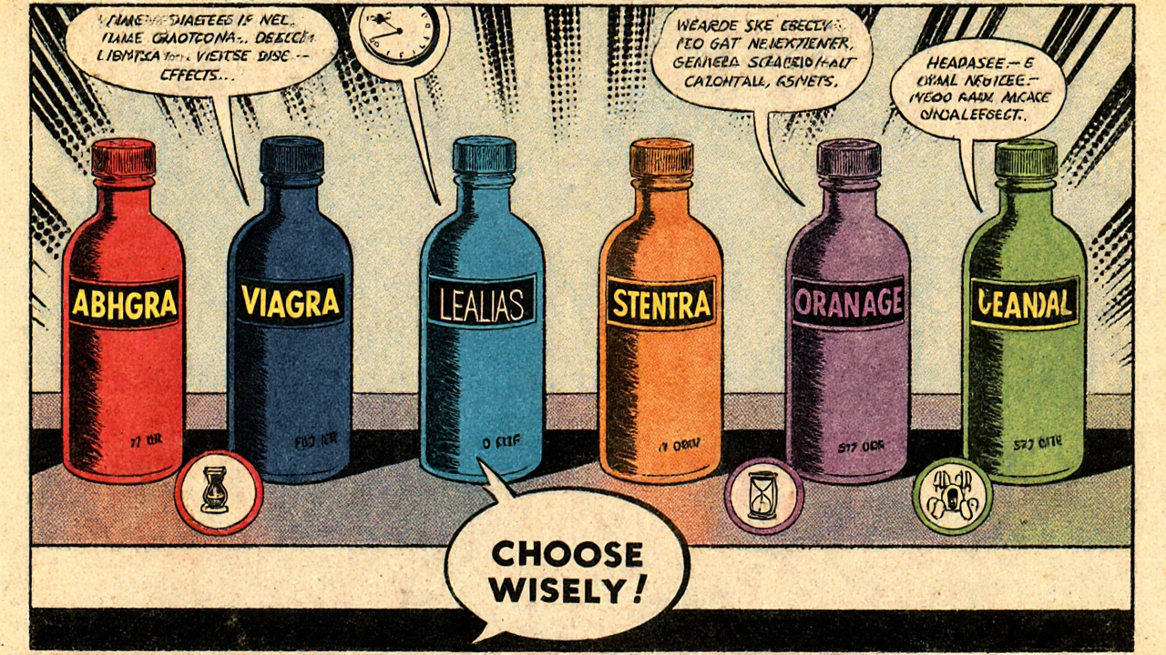 Row of seven colorful ED medication bottles with icons for onset, duration, and side effects in comic panel.
