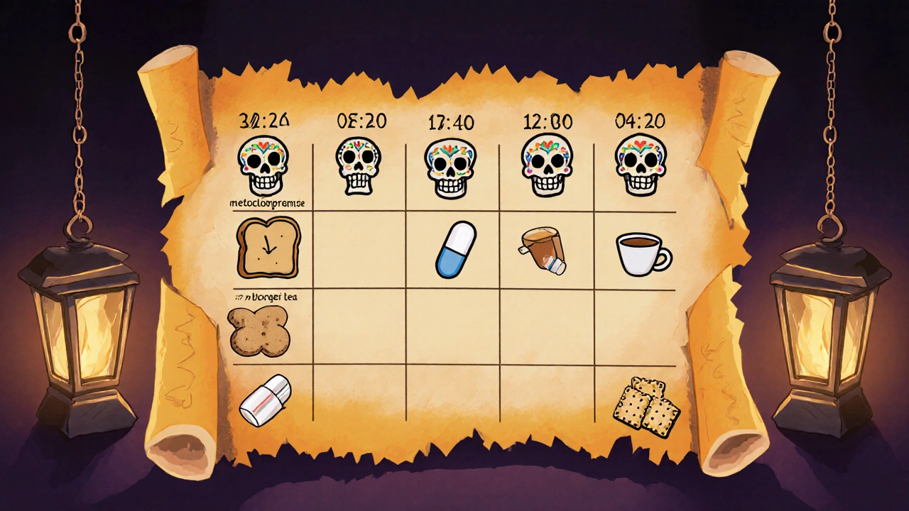 Scroll showing clocks with antiemetic, opioid, toast, ginger tea, and crackers, Day of the Dead style.
