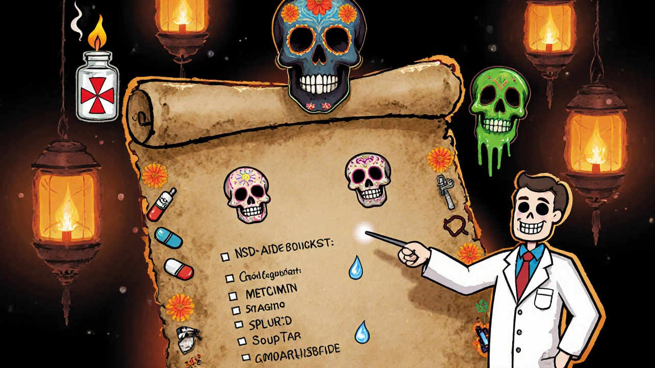 Scroll with medication checklist beside dark skull pills representing harmful drugs.