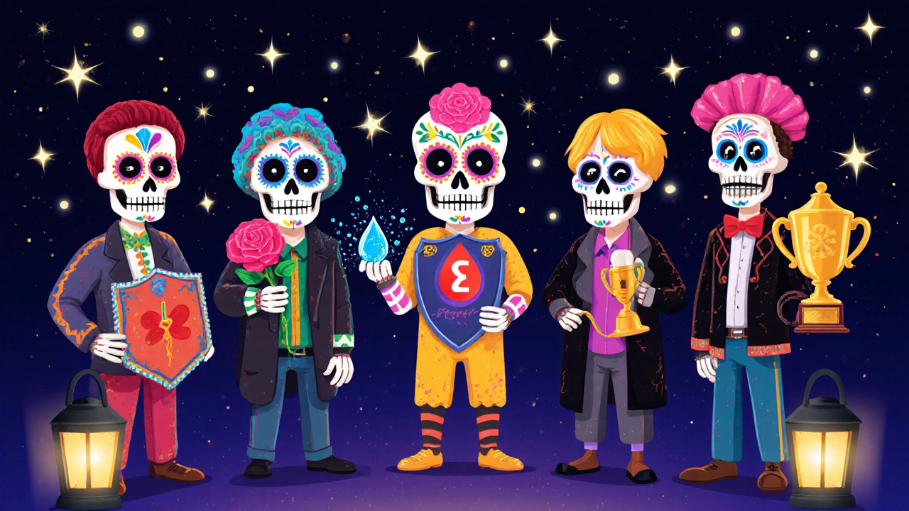 Six Day of the Dead‑styled medication characters holding symbols of their functions.