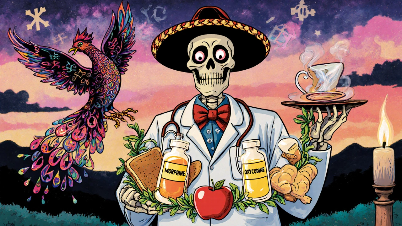 Skeleton doctor with morphine and oxycodone bottles, surrounded by bland foods and ginger tea.