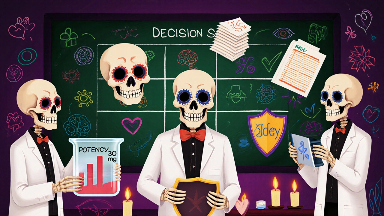 Skeleton scientists with skull icons evaluating potency, bioavailability, research, safety, and price.
