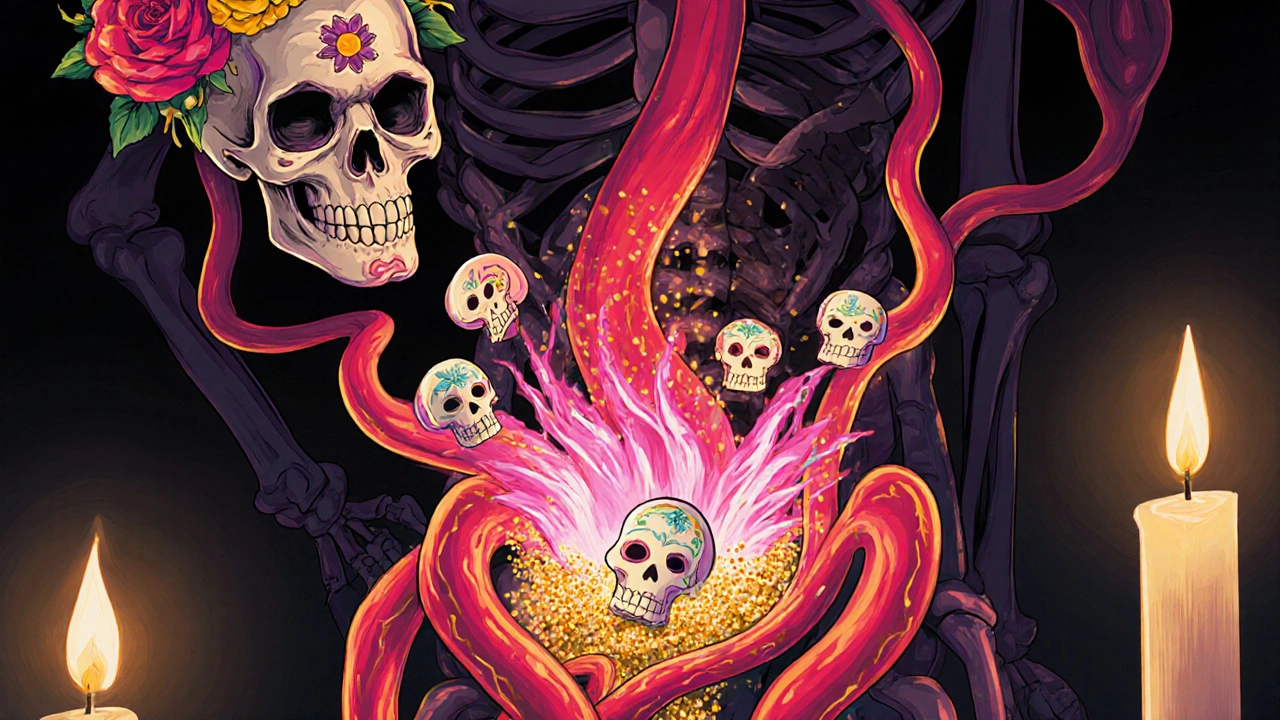 Skeleton torso showing blood flow to a flower‑adorned penis, illustrating Vardenafil action.