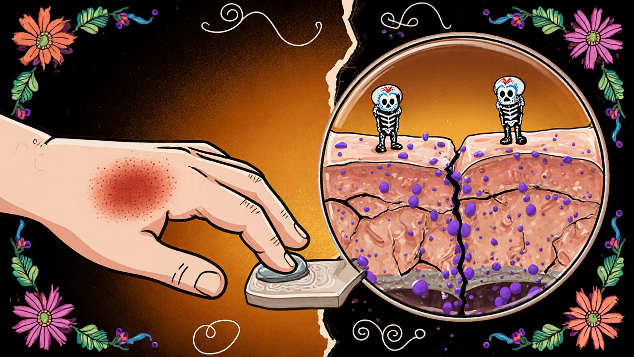 Split cartoon showing allergic rash and Candida overgrowth with cracked skin barrier.