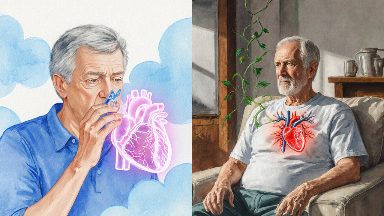 Split watercolor scene showing an asthma patient with cardioselective effects and a heart‑failure patient with vasodilation.