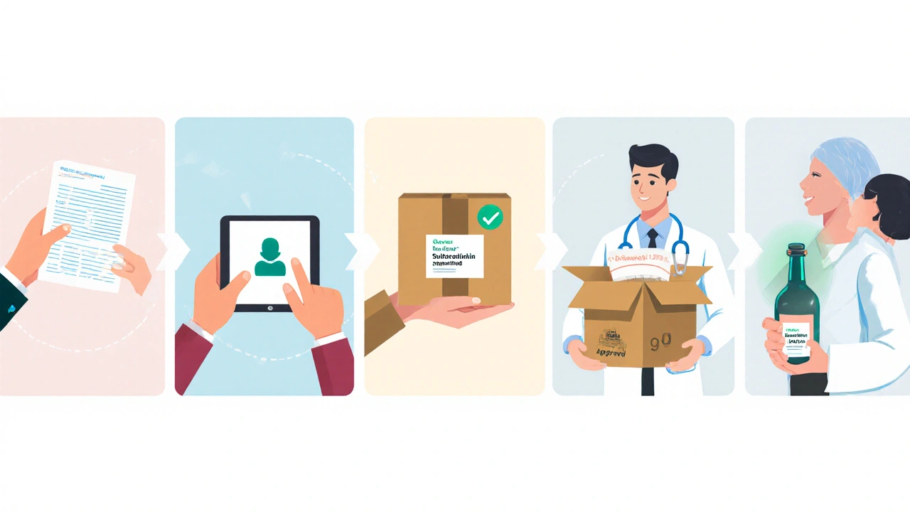 Step‑by‑step flat design of prescription, upload, sealed box, delivery, and dermatologist approval.