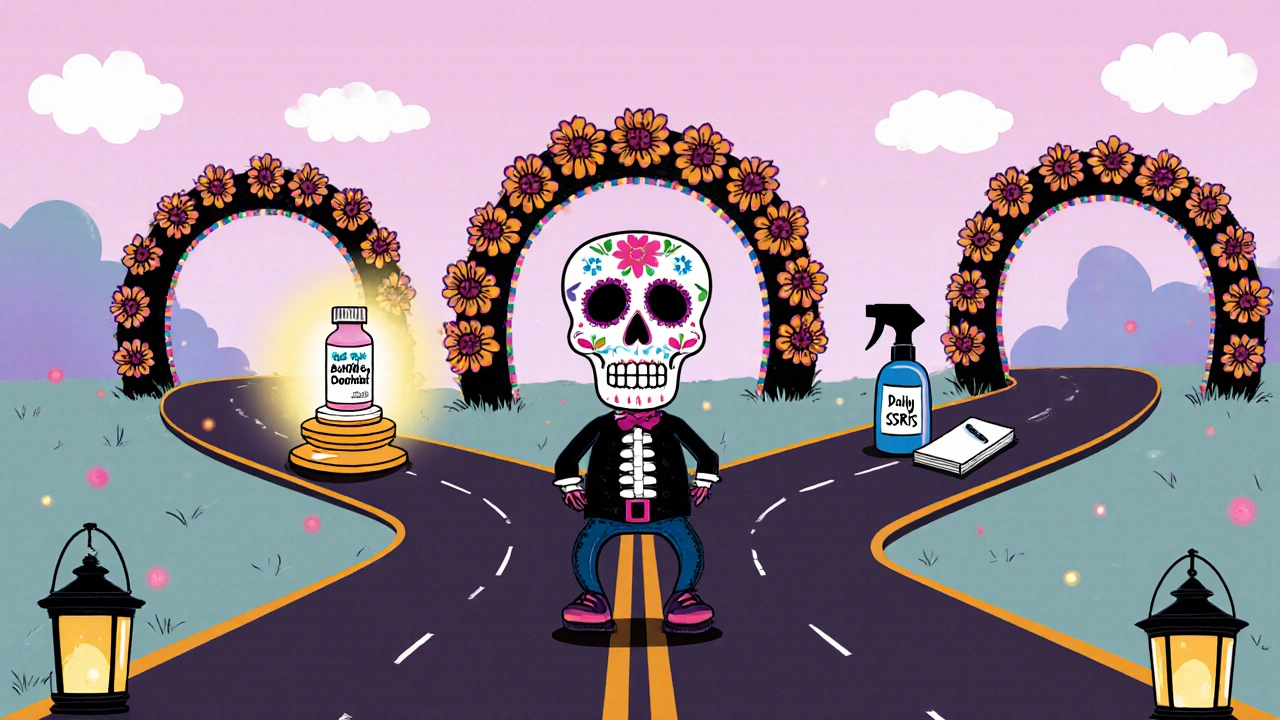 Sugar‑skull at a crossroads with paths toward a Duratia pill, daily SSRIs, and a spray bottle, illuminated by lanterns.