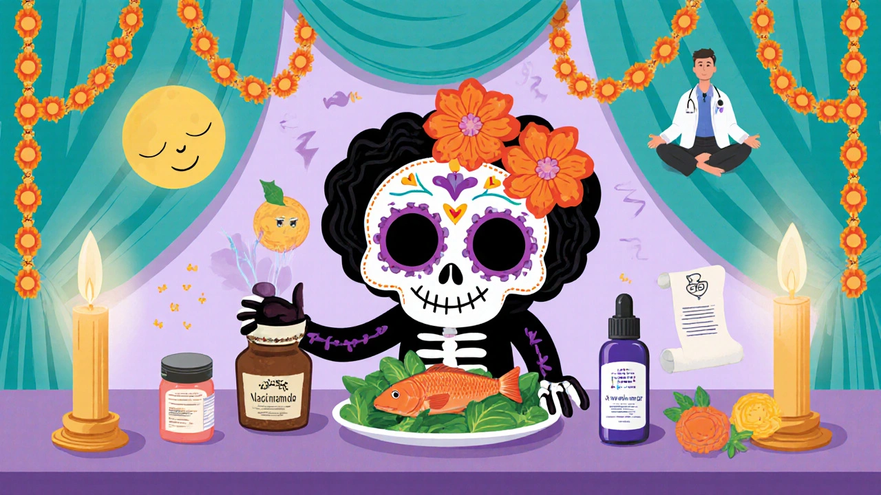 Sugar‑skull character with moisturizer, niacinamide, healthy foods, sleep icons, and dermatologist.