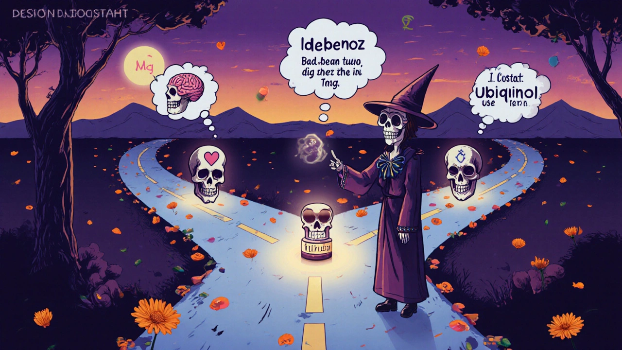 Sugar‑skull guide directing a traveler to Norwayz path among alternative supplement routes.