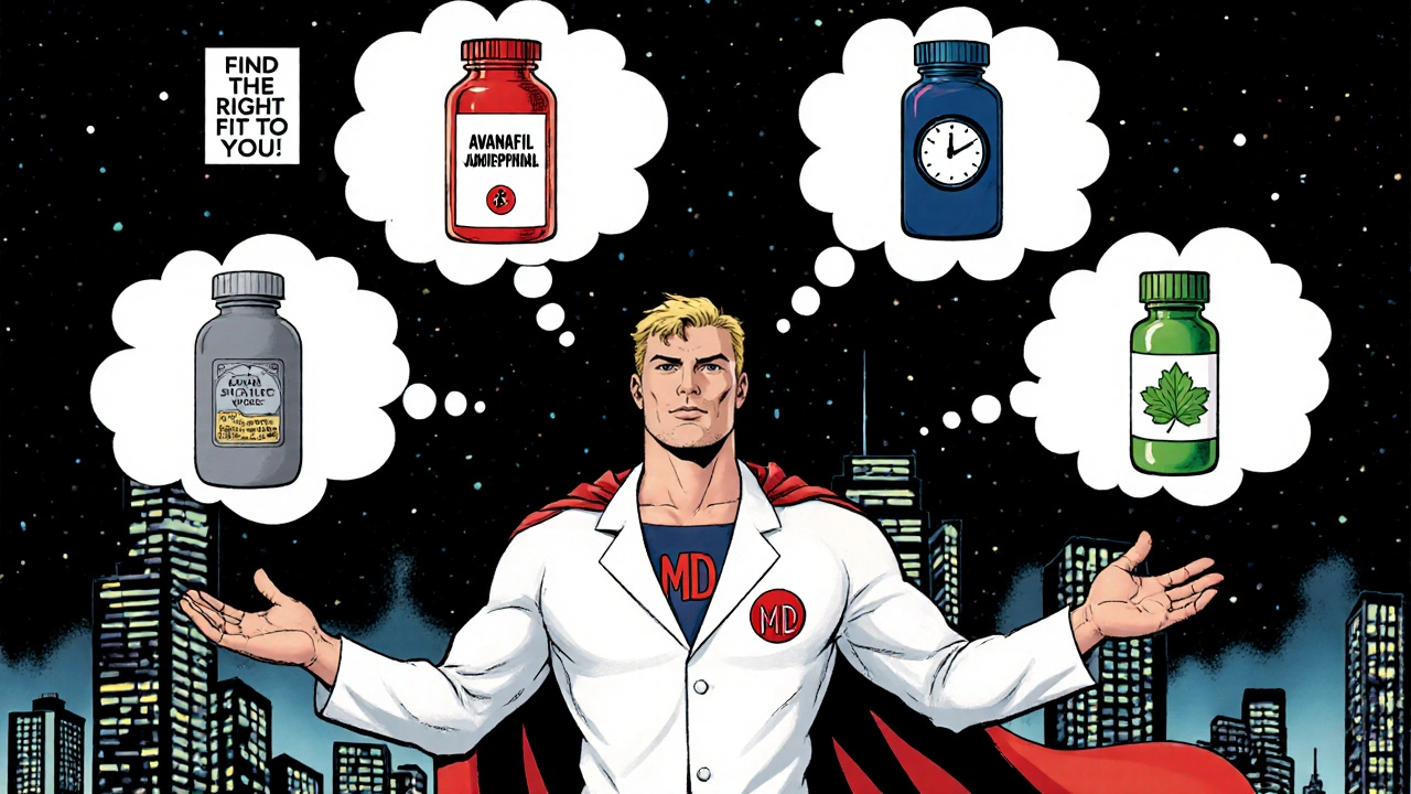 Superhero doctor pointing at thought bubbles of various ED pills against a night city skyline.
