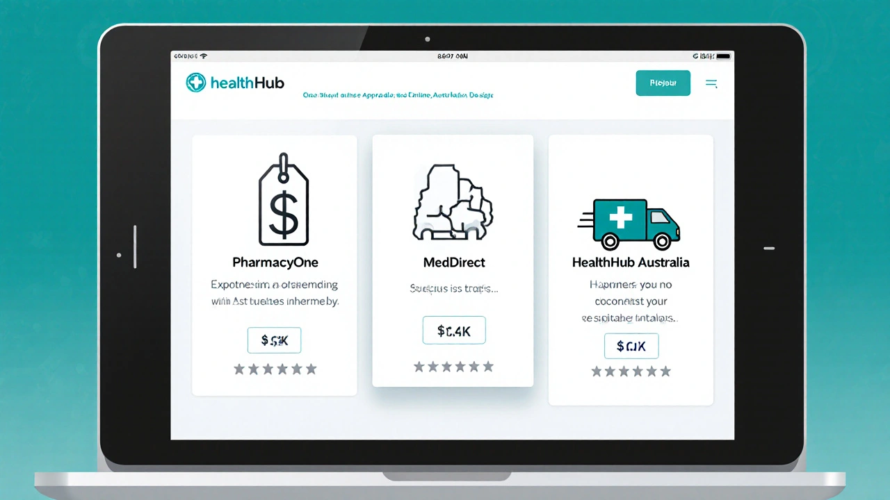 Tablet screen comparing three online pharmacies with price, shipping, and rating icons.