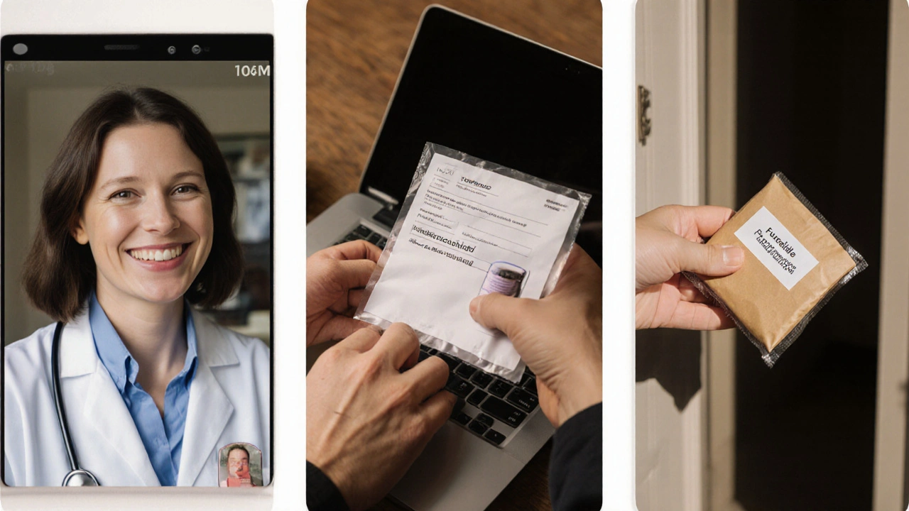 Telehealth call, prescription upload, and shipped medication package.