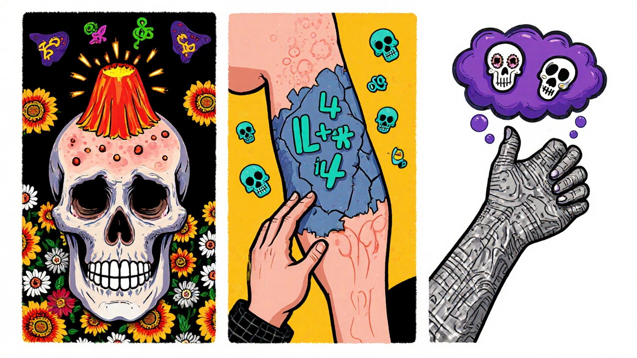 Three Day of the Dead characters showing acne volcano, eczema patch, and psoriasis plaques.