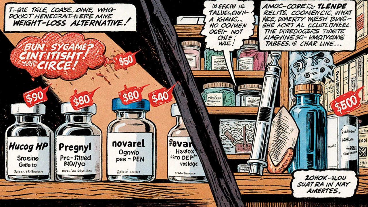 Vials of HCG products and other weight‑loss medicines face off on a pharmacy counter with price tags.