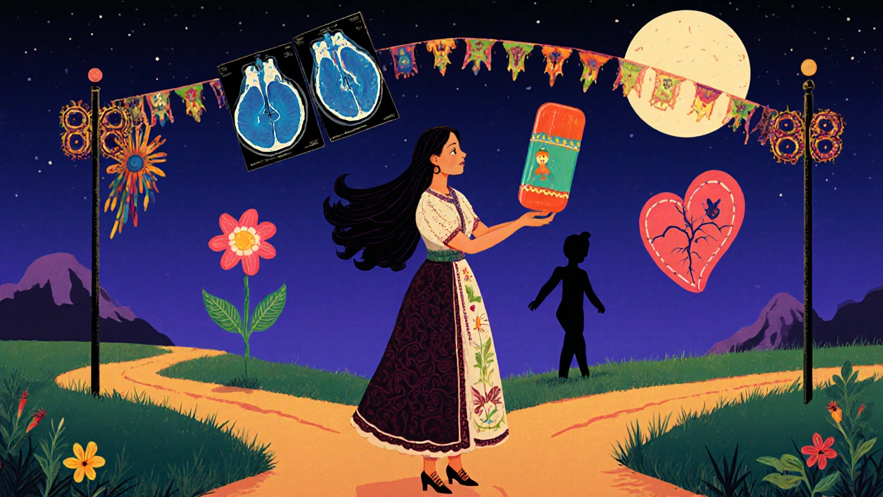 Woman at a crossroads with cabergoline as an alebrije spirit, symbolizing fertility restoration and heart health in Day of the Dead aesthetic.