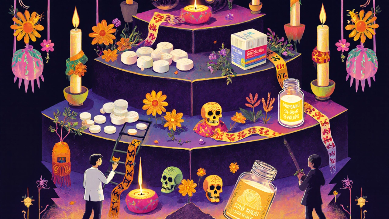 A colorful Day of the Dead altar illustrating the three-step pain relief ladder with medicinal symbols and crumbling fears below.