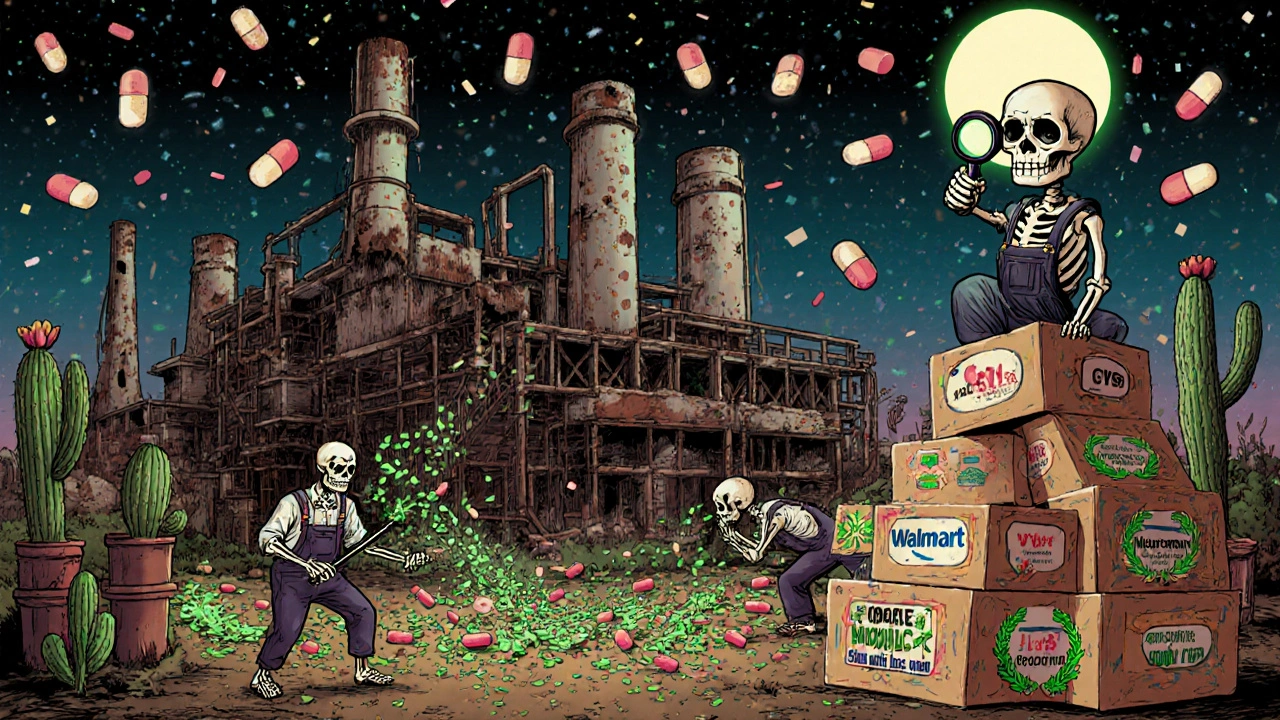 A crumbling overseas factory spills pills as contamination glows green, with FDA inspector skeleton overseeing recalled boxes.