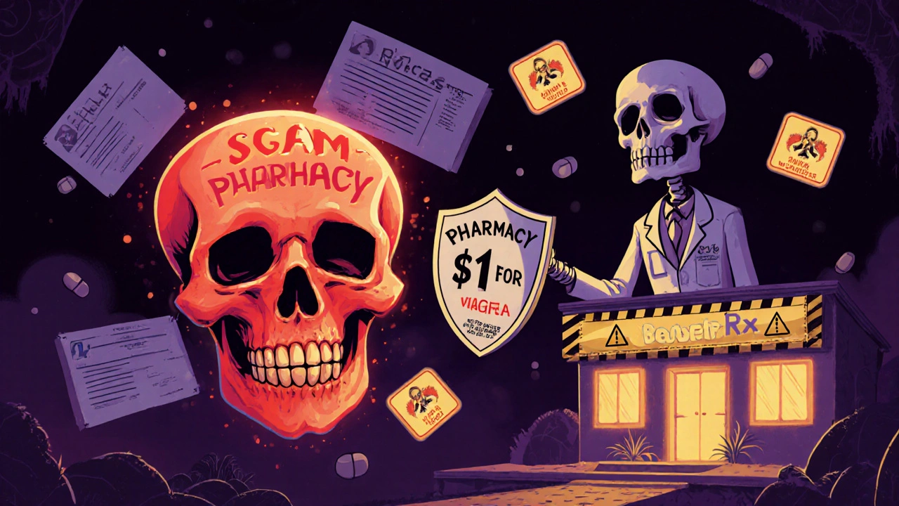 A dangerous fake pharmacy skull being banished by a hero skeleton with a BeSafeRx shield in Day of the Dead style.