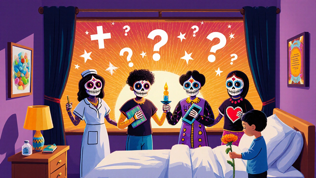 A diverse palliative care team as spirit figures holding hands around a patient, surrounded by symbolic tools and floating answers in light.