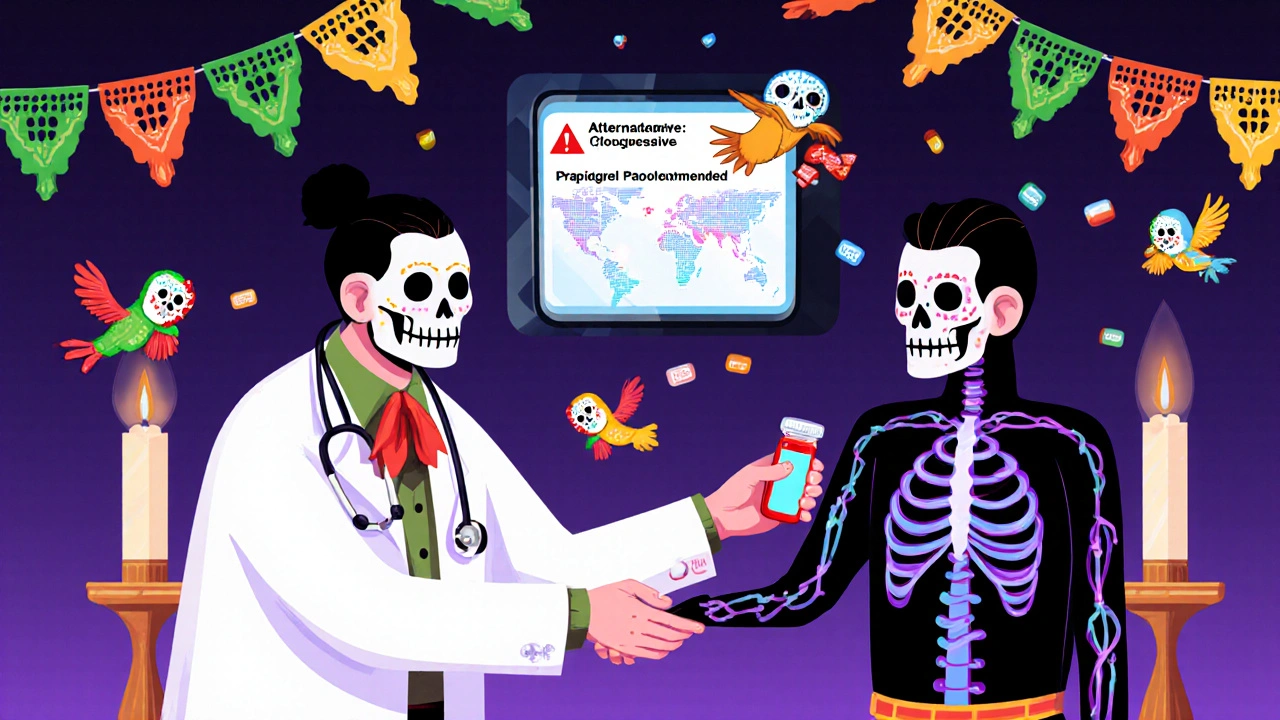 A doctor with a skull face gives a blood test to a patient, with a digital warning appearing above them, surrounded by calavera birds and cultural patterns.