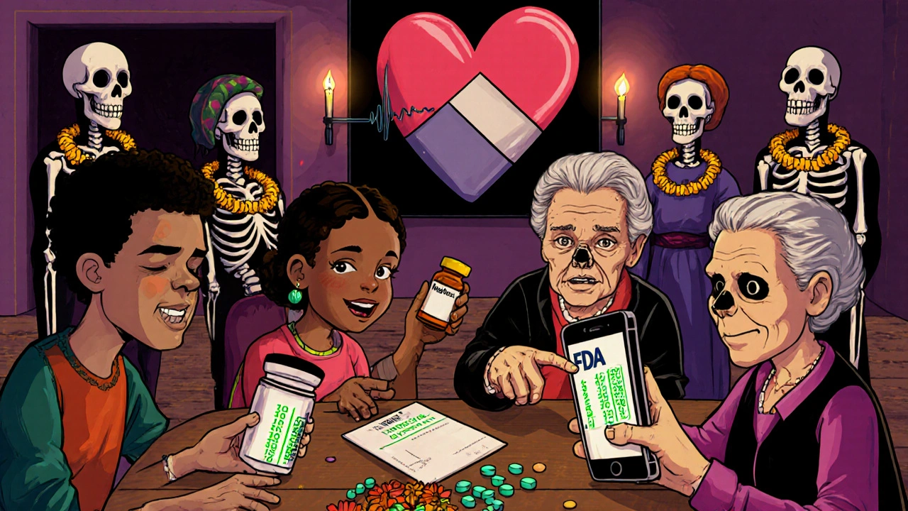 A family checks pill bottles under candlelight, one points to a recall alert, ancestral figures watch protectively in the background.