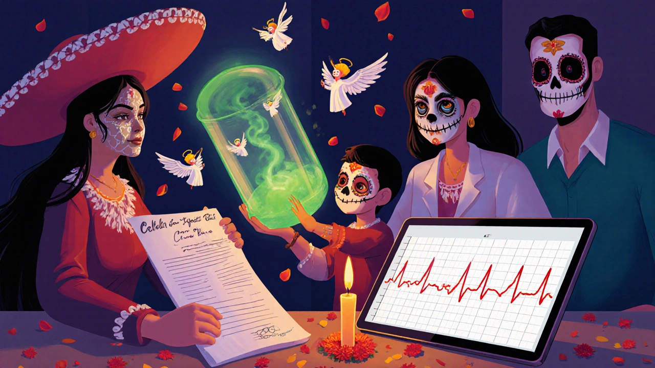 A family practicing spacer use at home, with glowing mist forming angels and a care plan as an altar offering under candlelight.